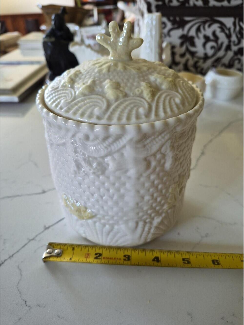 Vintage Belleek Pottery Ireland Shell Coral Biscuit Jar Green Mark Cracker